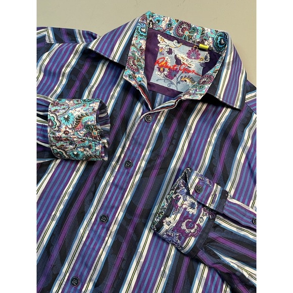Robert Graham Flip Cuff Spread Collar Sport‎ Shirt Purple Stripe Paisley Men New